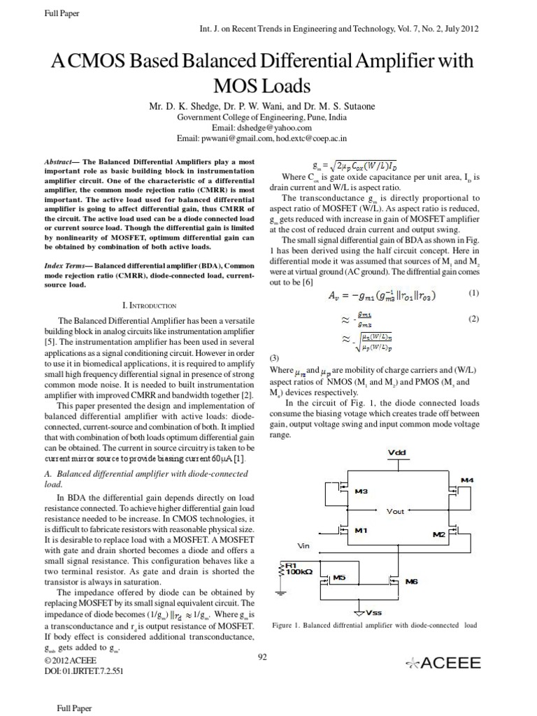 A CMOS Based Balanced Differential Amplifier With MOS Loads PDF