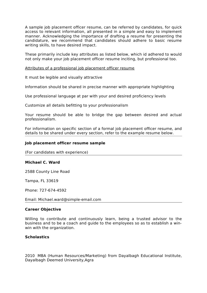 Job Placement Officer Resume PDF Résumé Recruitment