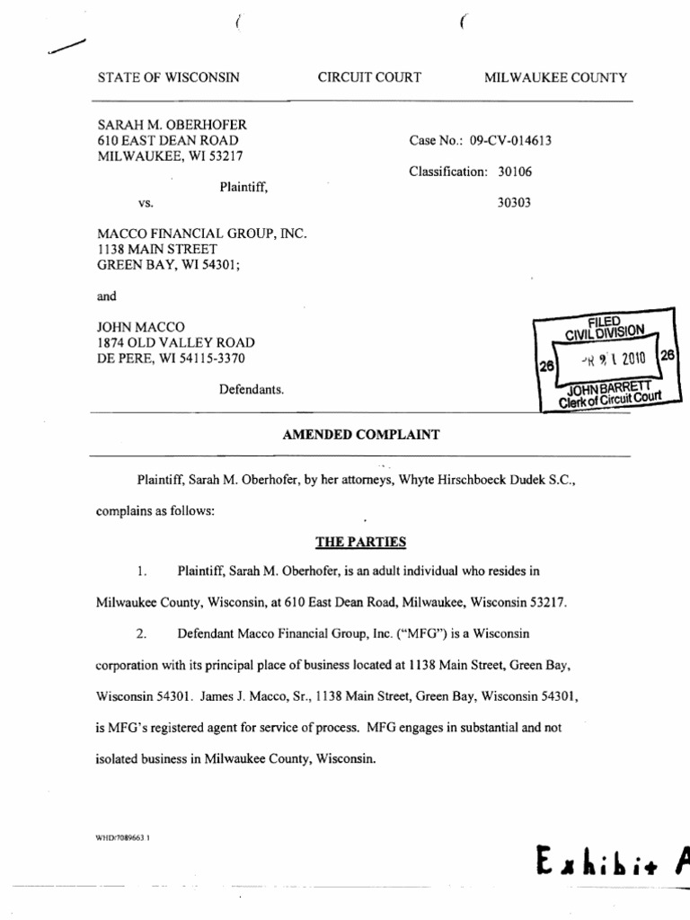 Oberhofer V Macco Complaint PDF Tortious Interference Damages