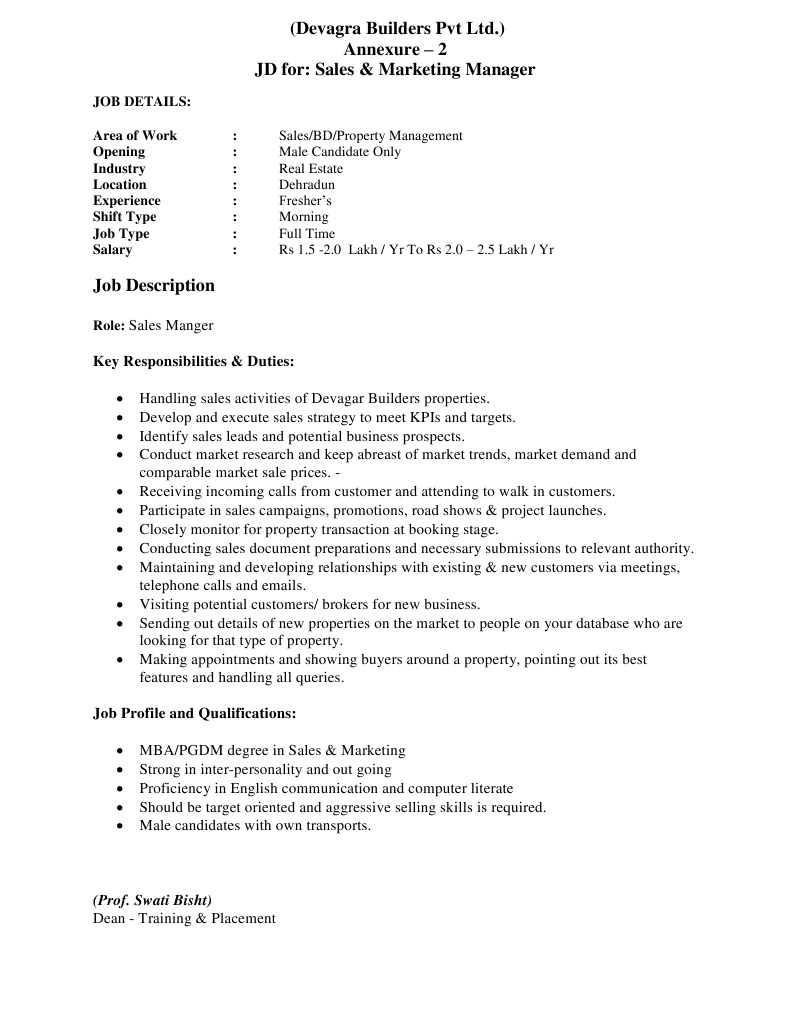 Sales & Marketing Manager Job in Dehradun | PDF