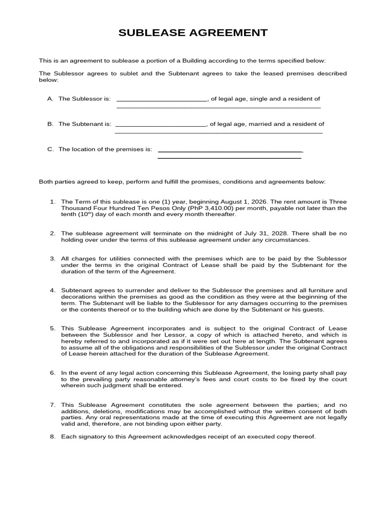 Sublease Agreement Sample Latest Version | PDF | Lease | Private Law