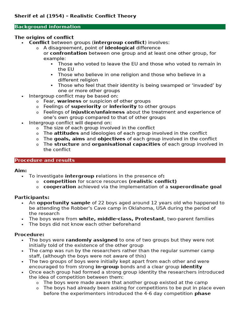 Sherif Et Al (1954) - Realistic Conflict Theory | PDF | Cooperation | Goal