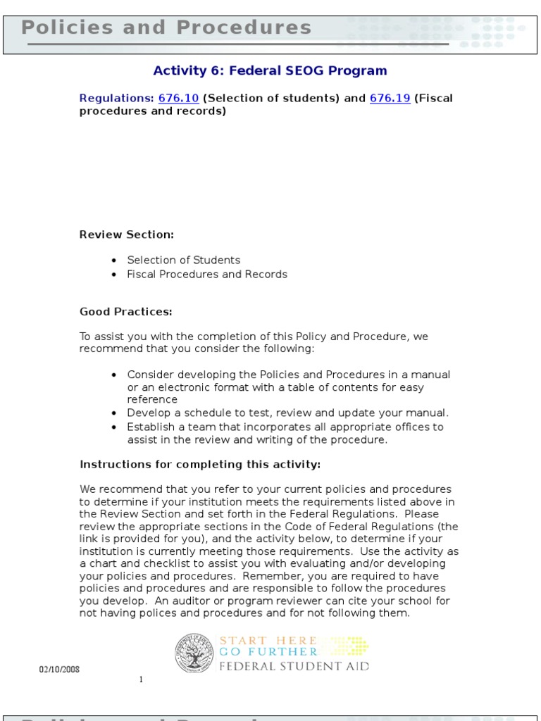 Federal SEOG Program Policies Guide | PDF | Pell Grant | Government