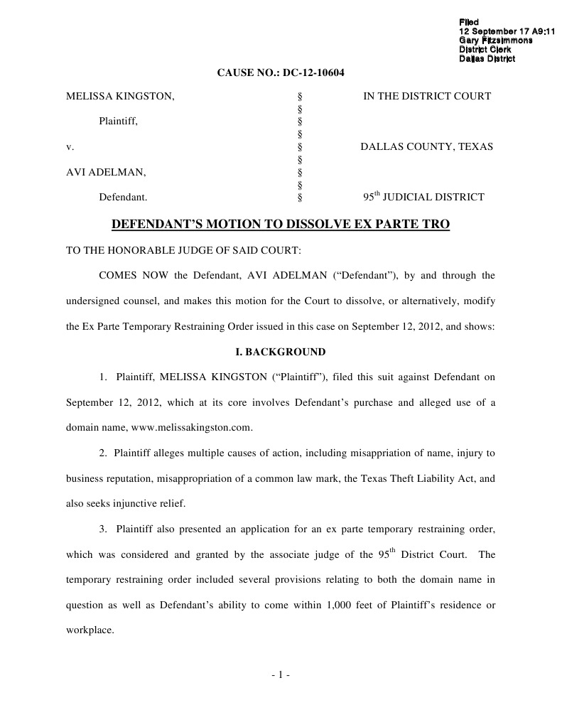 Defendant Motion Dissolve TRO - Kingston Vs Adelman, Dallas County ...