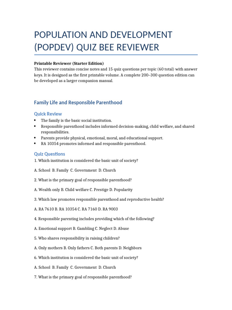 POPDEV Quiz Bee Reviewer 2026 Starter Printable | PDF | Gender | Gender ...