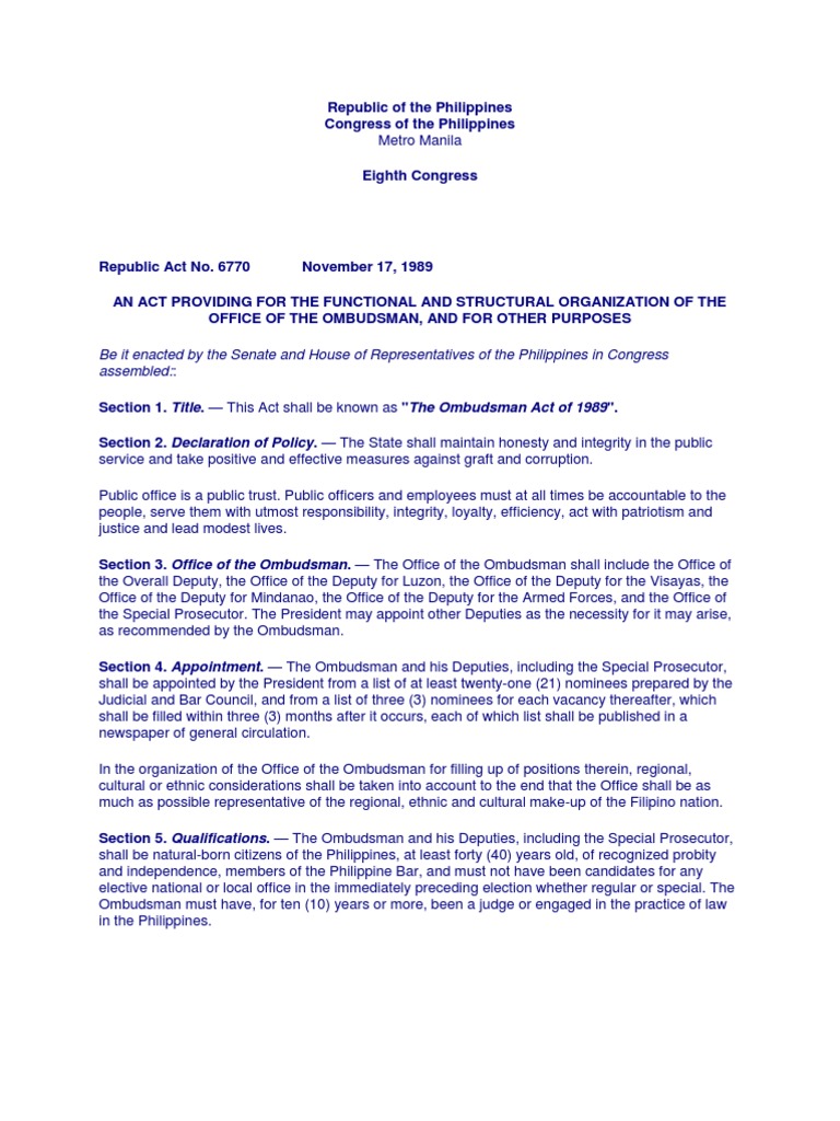 Ombudsman Act of 1989 Overview | PDF