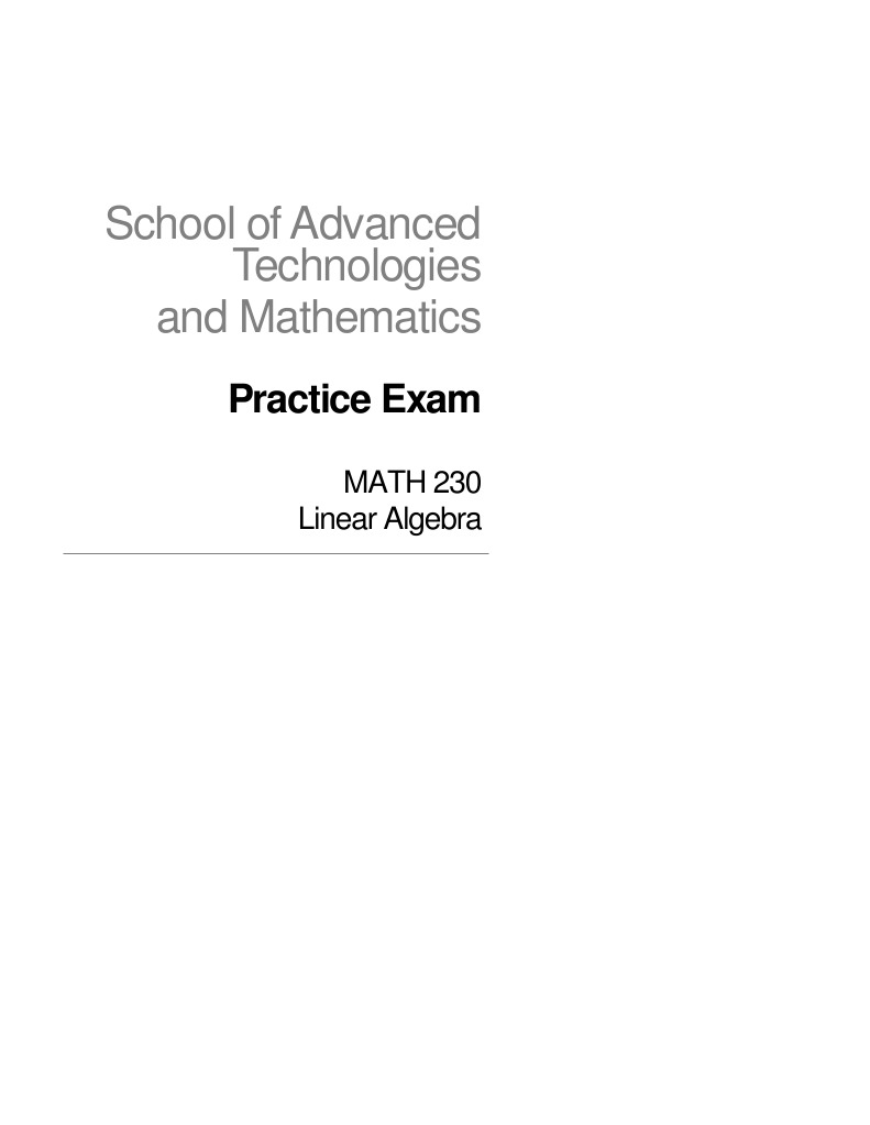 MATH 230 Linear Algebra Practice Exam | PDF | Matrix (Mathematics ...
