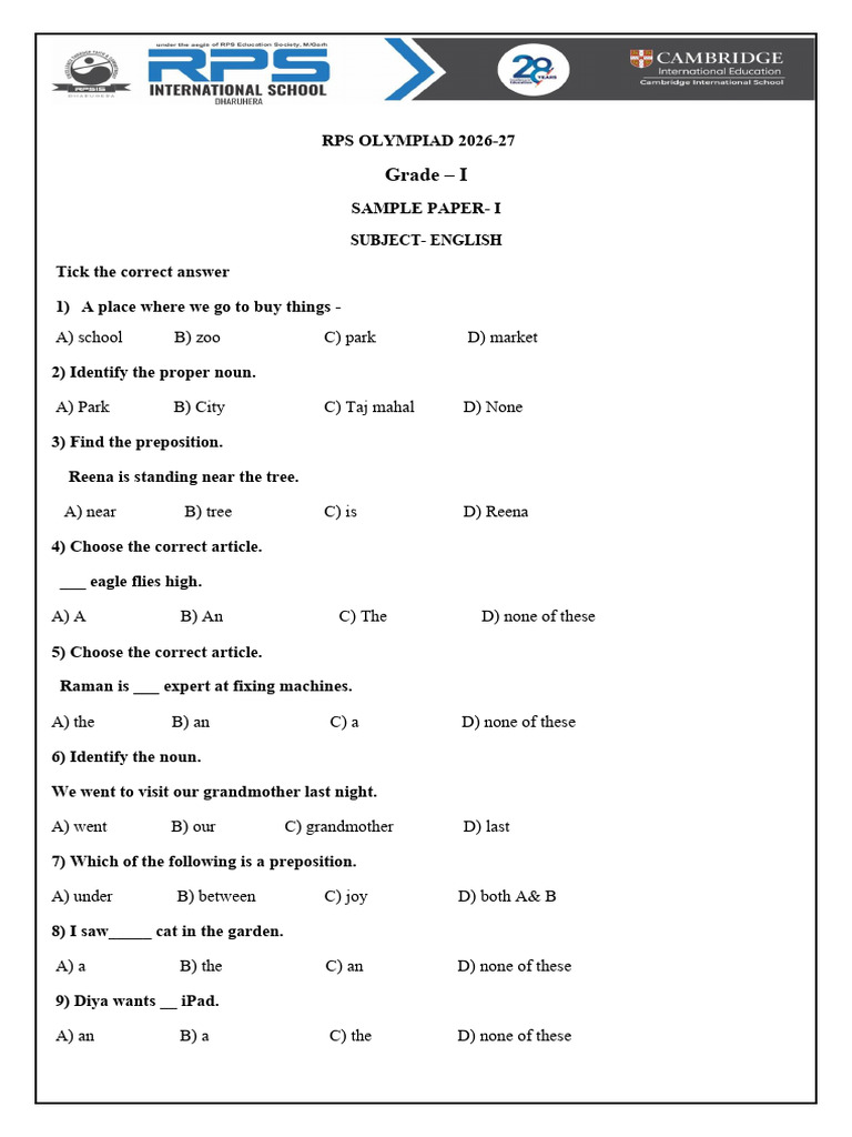 Grade i Sample Paper - 1 Edited | PDF | Noun