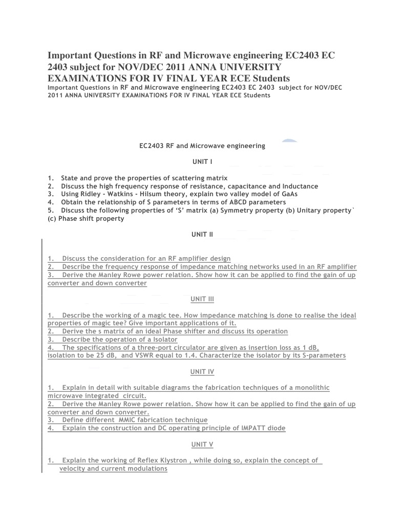 Important Questions in RF and Microwave Engineering EC2403 EC 2403 ...