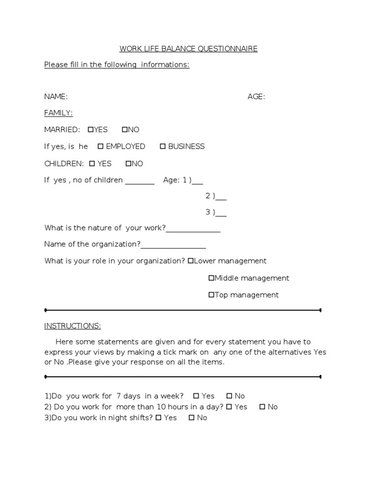 Work-Life Balance Questionnaire | PDF | Action (Philosophy ...