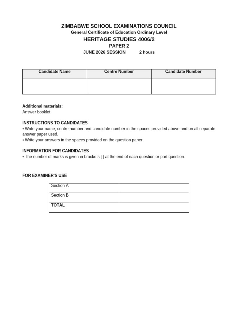 ZIMSEC Heritage Studies 4006 2 June 2026 | PDF | Zimbabwe | Gender Equality