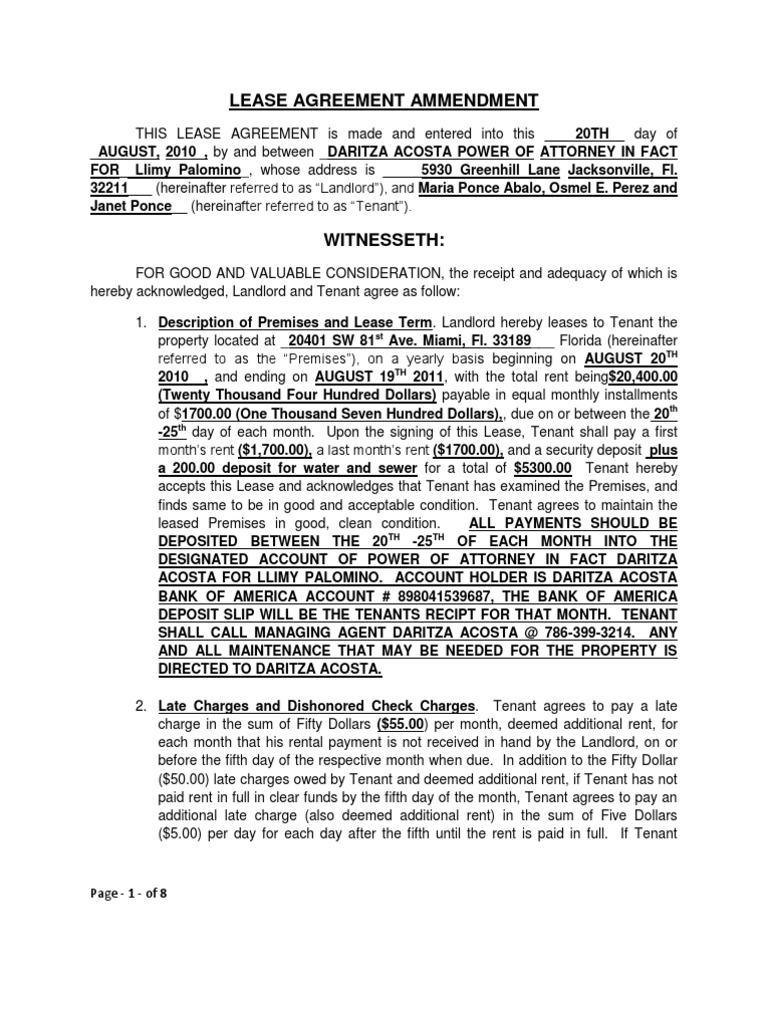 Florida Lease Agreement Amendment | PDF | Lease | Leasehold Estate