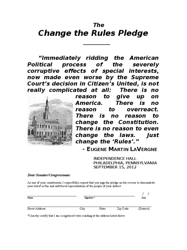 Change the Rules Pledge for Congress | PDF | Citizens United V. Fec ...