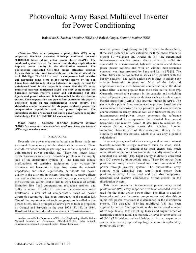 Photovoltaic Array Based Multilevel Inverter | PDF | Power Inverter ...