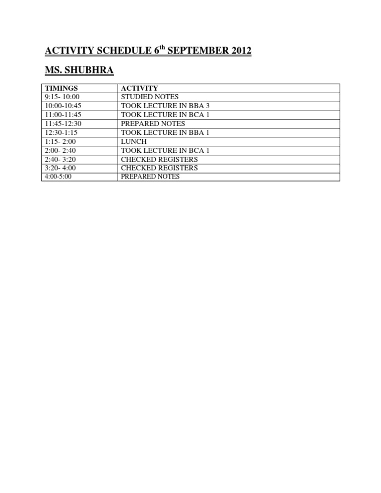 Activity Schedule 6 Sep 2012 | PDF | Lifestyle