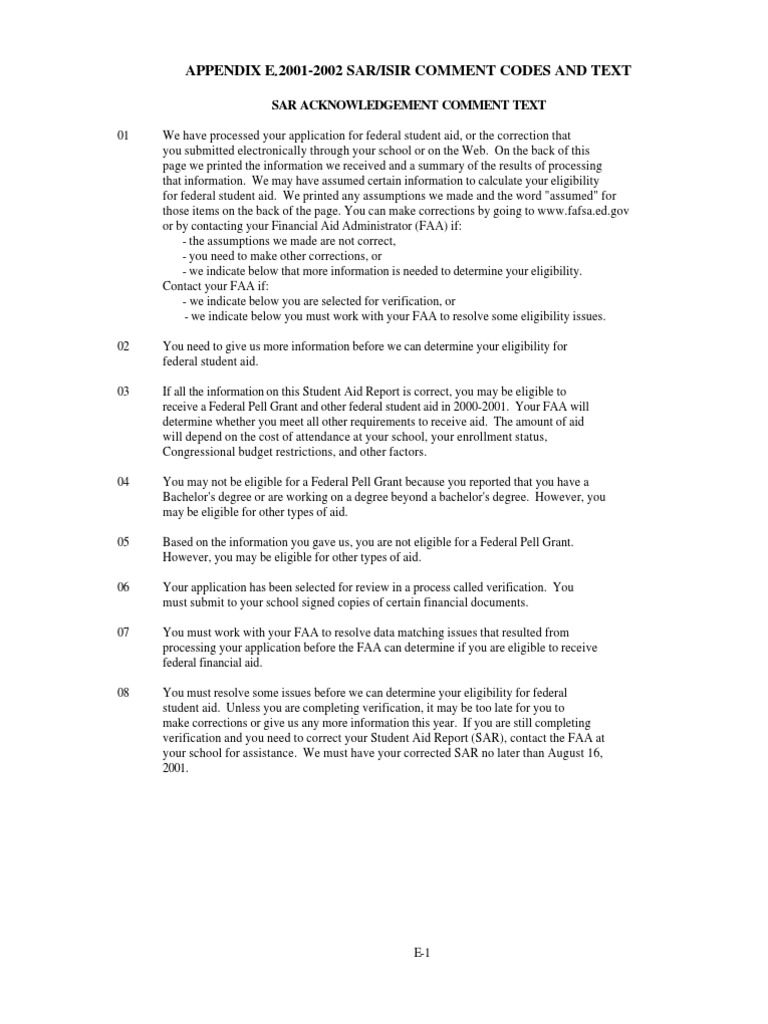 2001-2002 SAR/ISIR Comment Codes | PDF | Pell Grant | Social Security ...