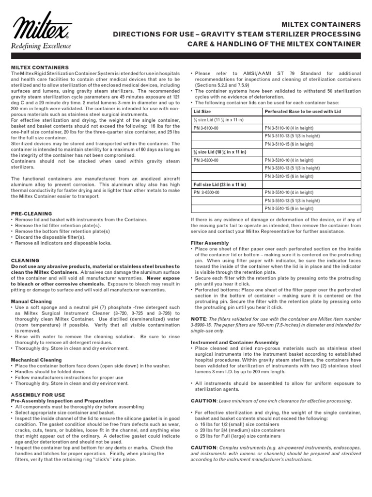 Directions for Using Miltex Containers in Gravity Steam Sterilization ...
