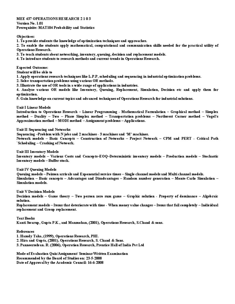 Operations Research Course Syllabus | PDF | Operations Research ...
