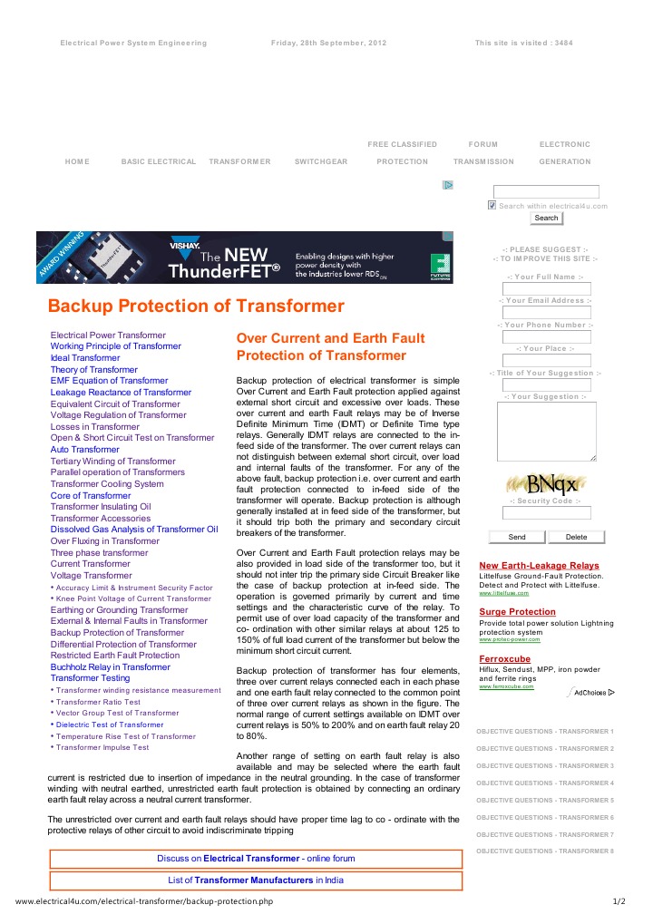Very Important Backup Protection of Transformer - Over Current and ...