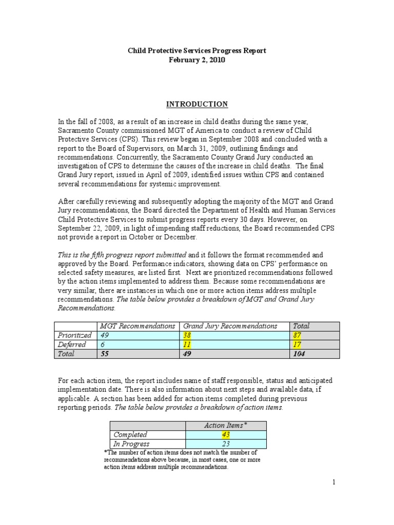 Sacramento Child Protective Services Progress Report (Feb 2, 2010) Child Protective Services