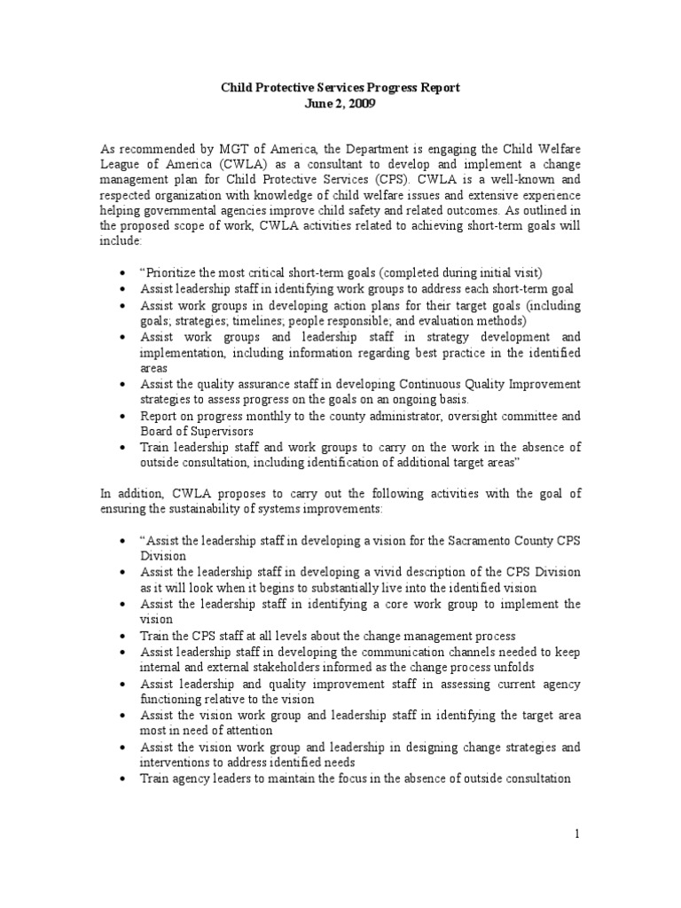 Sacramento Child Protective Services Progress Report (July 2, 2009) Child Protective Services
