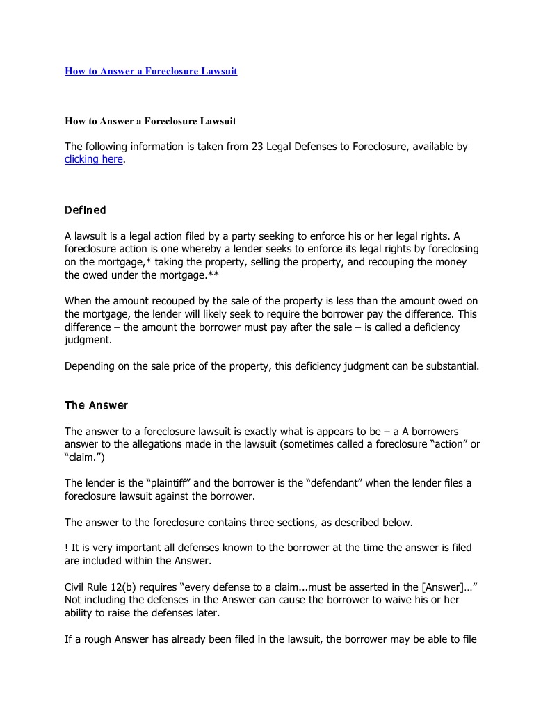 Responding to Foreclosure Lawsuits | PDF | Foreclosure | Mortgage Law