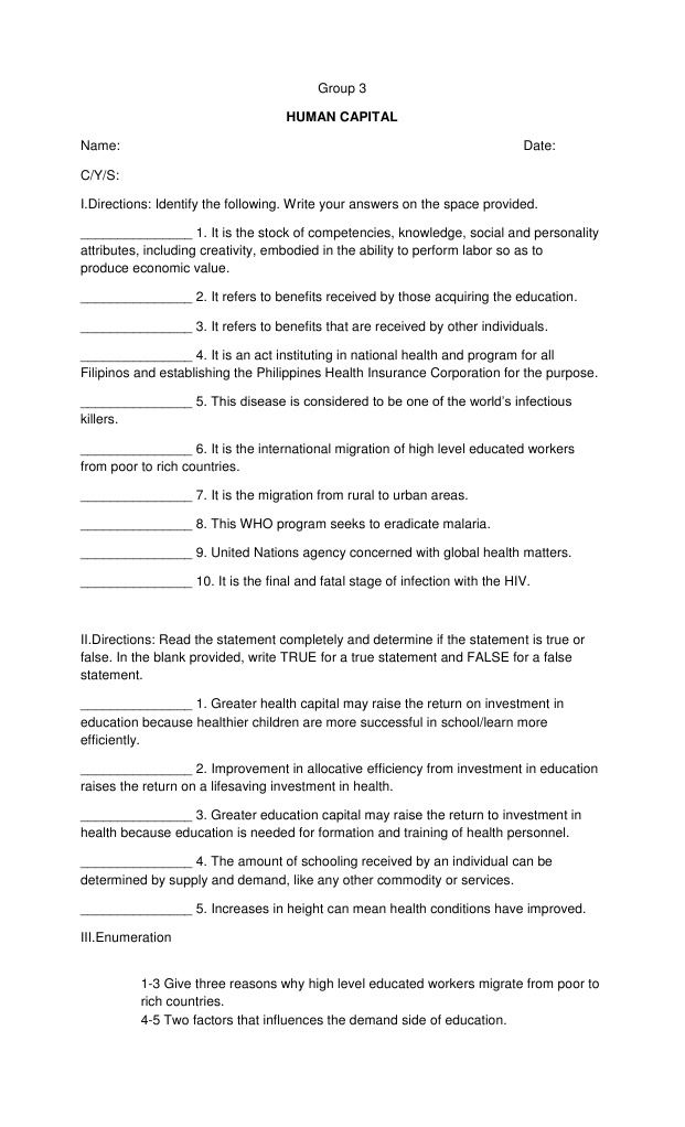 Human Capital and Health Education Quiz | PDF