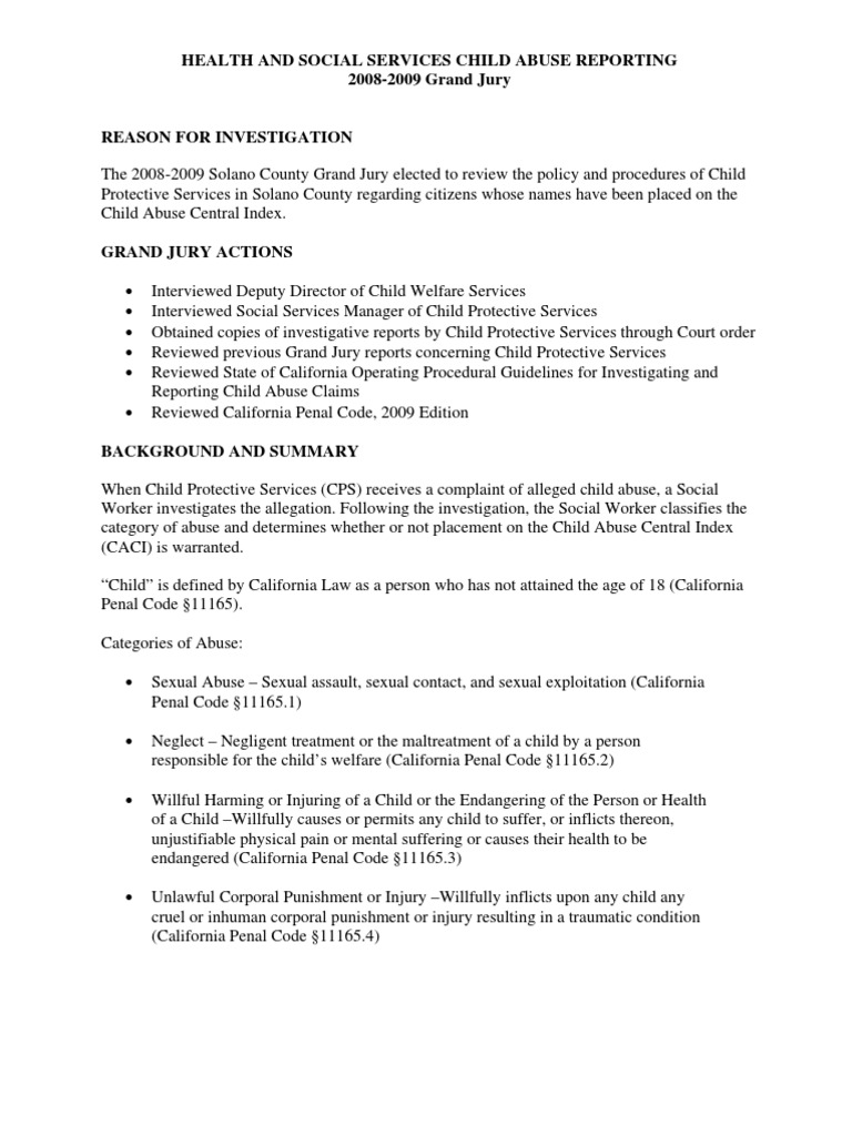 2008-09 Solano County Grand Jury Health and Social Services Child Abuse  Reporting | PDF | Child Protective Services | Child Abuse