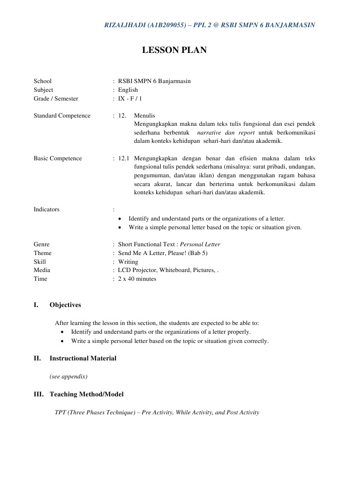 English Lesson Plan: Personal Letters | PDF | Lesson Plan | Cognition