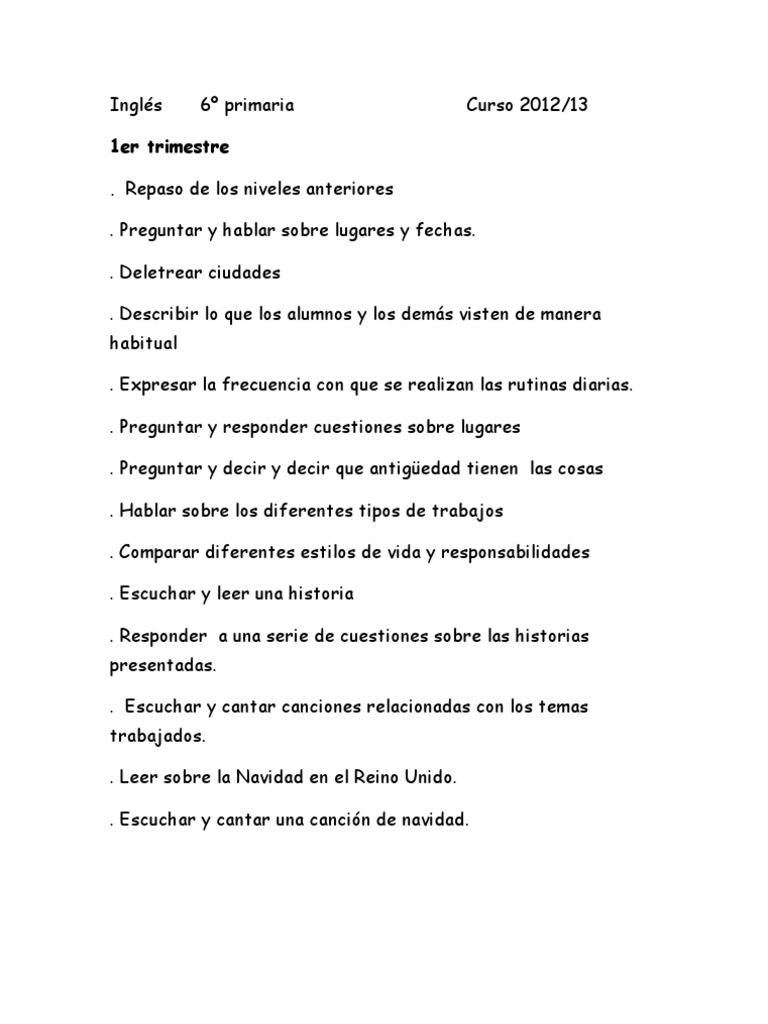 Contenidos Del Primer Trimestre (Ingles) PDF