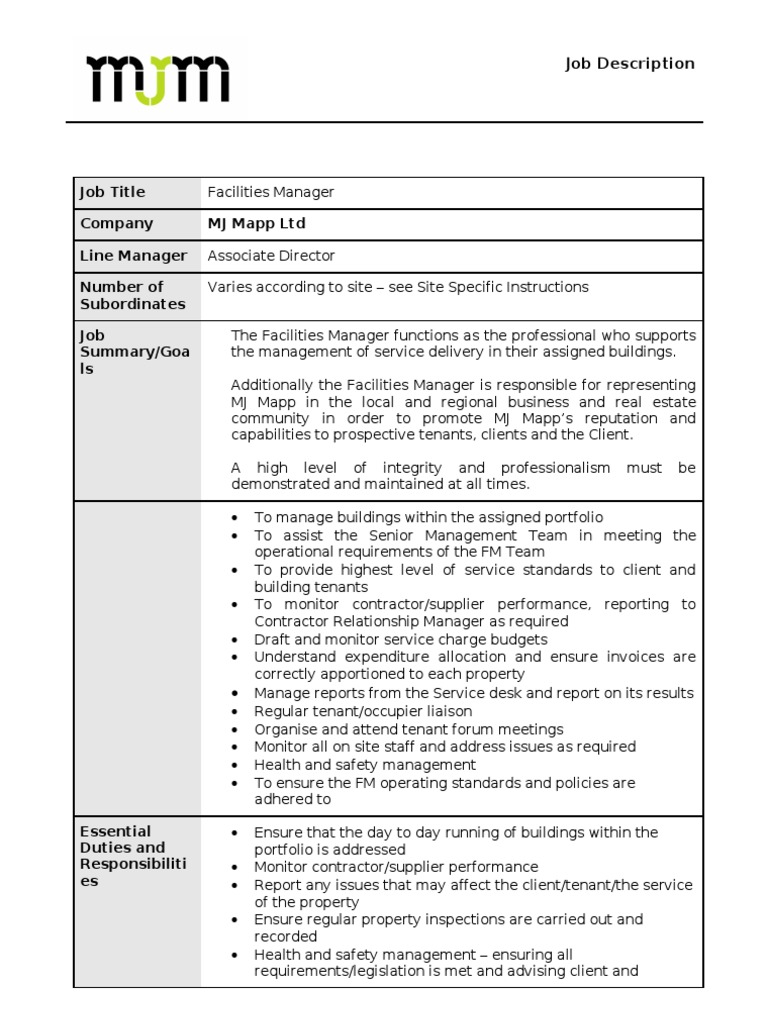 Facilities Manager Job Spec Oct12 PDF Business Wellness