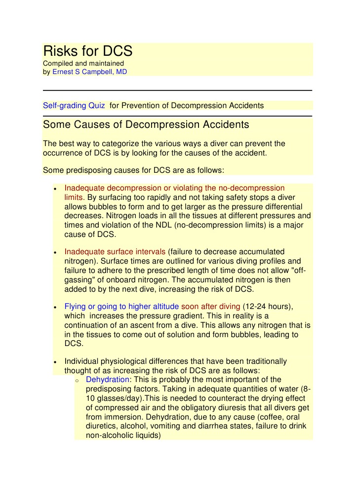 Risks For DCS: Some Causes of Decompression Accidents | PDF