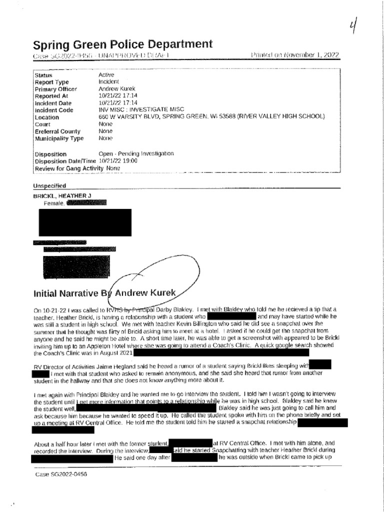 Heather Brickl Police Report (Former Wisconsin Teacher) | PDF