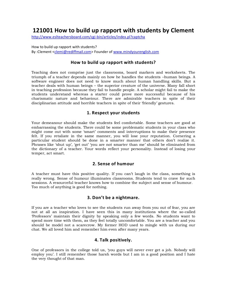 How To Build Up Rapport With Students by Clement | PDF | Teaching And ...