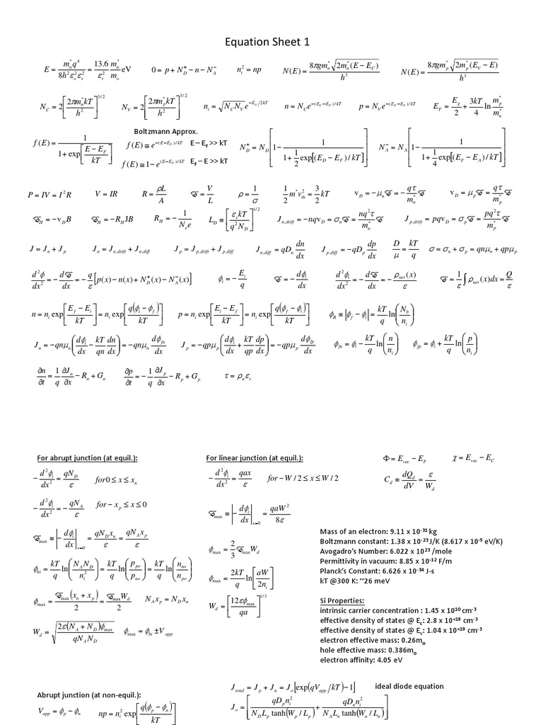 Semiconductor Equation Sheet | PDF | Physical Quantities | Physics