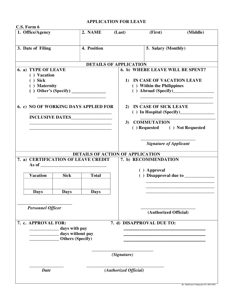 Leave Application Form C.S. Form 6 | PDF