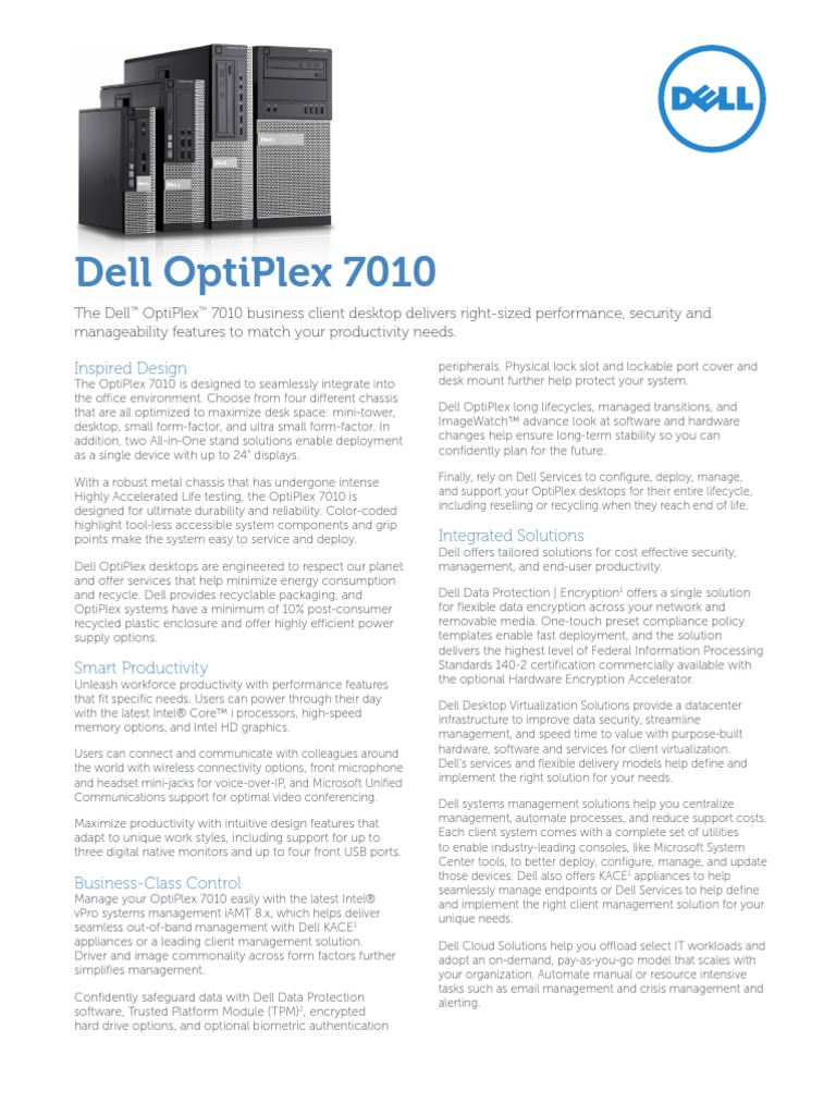 Dell Optiplex 7010 Spec Sheet Intel Multi Core Processor
