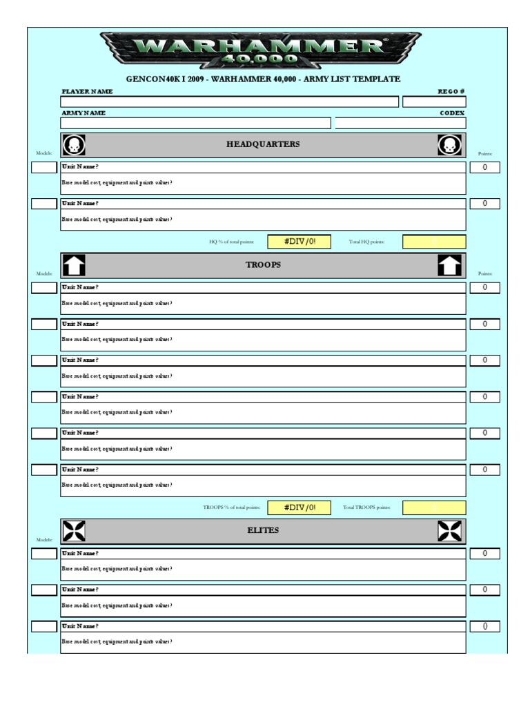 Warhammer 40K Army List Template | PDF