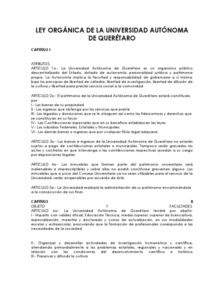 LEY ORGÁNICA DE LA UNIVERSIDAD AUTÓNOMA DE QUERÉTARO Universidad Educación más alta