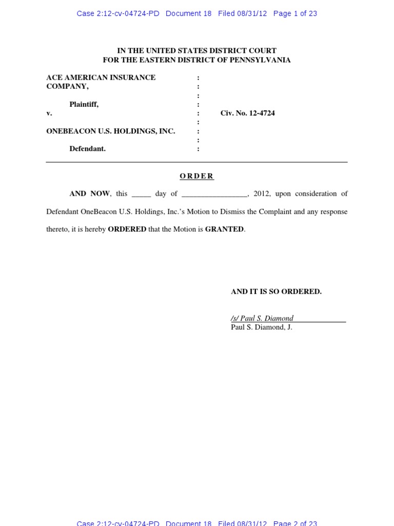 ACE AMERICAN INSURANCE COMPANY v. ONEBEACON MOTION TO