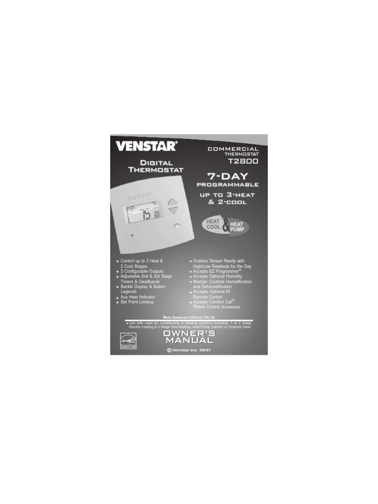 Venstar T2800 Thermostat Manual | PDF | Air Conditioning | Thermostat