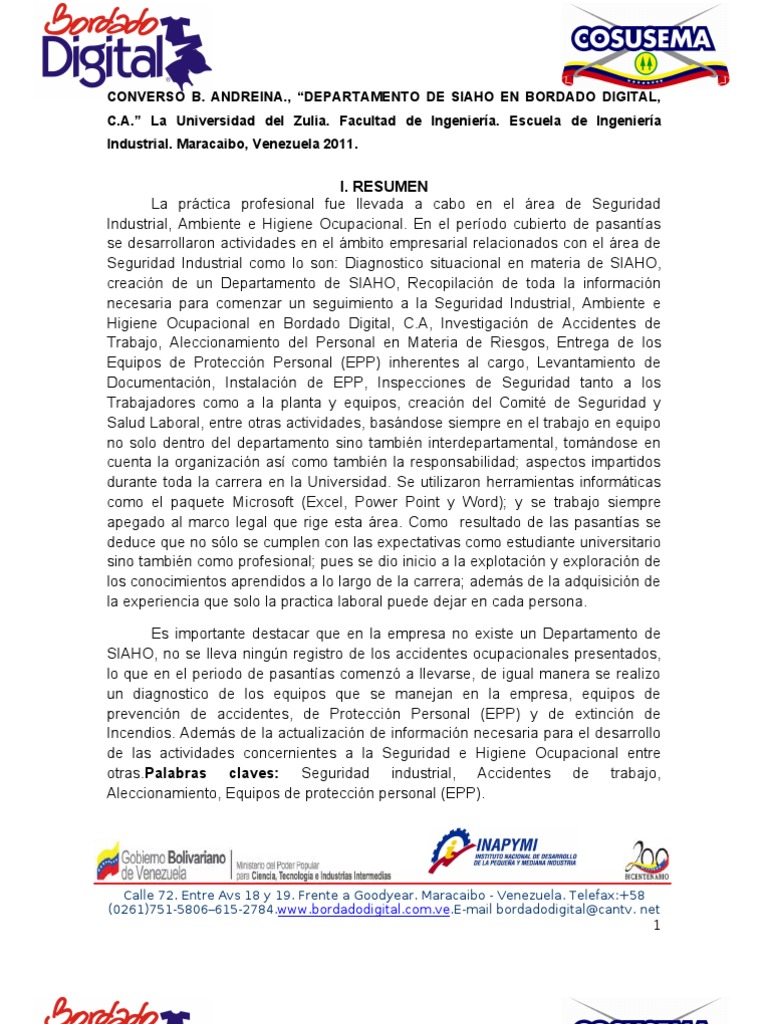 Informe De Pasantias Seguridad Y Salud Ocupacional Calidad comercial 