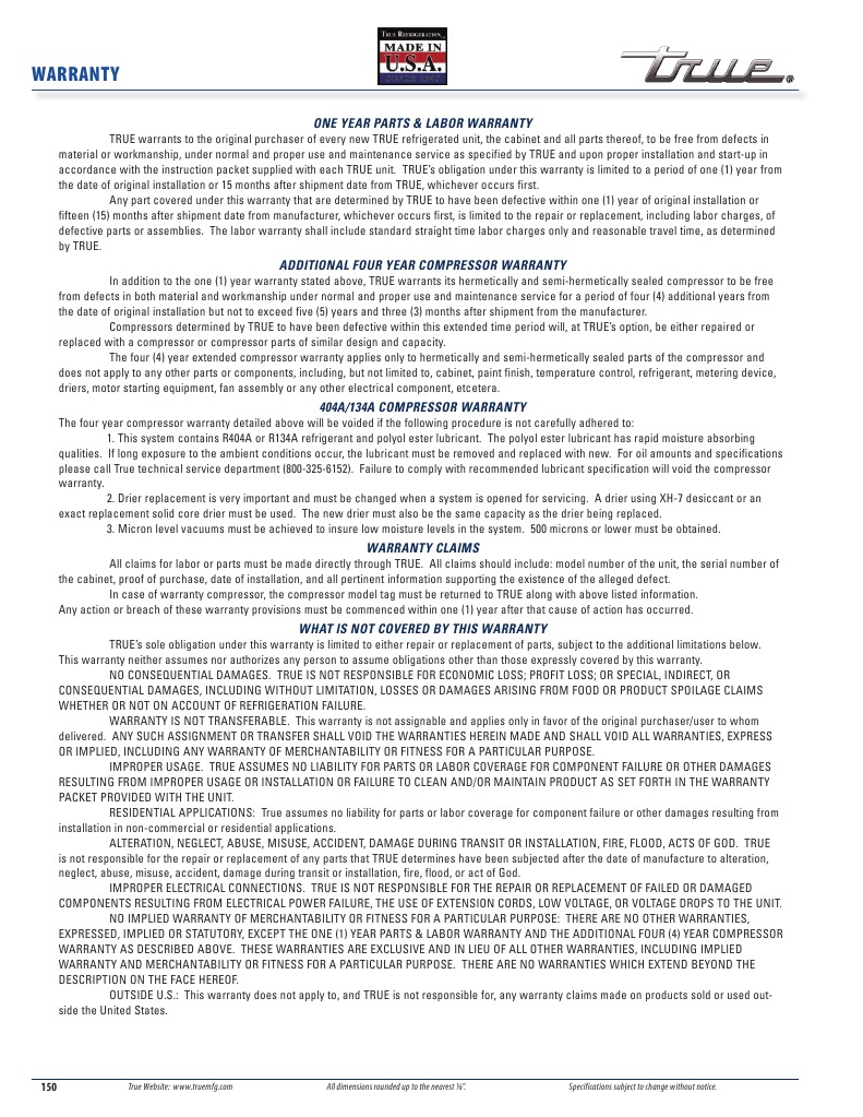 08 True Warranty PDF Gas Compressor Refrigeration