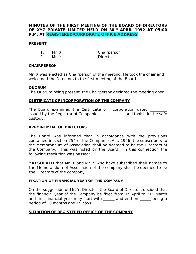 23 Sample First Board Meeting Minutes | PDF | Cheque | Banks