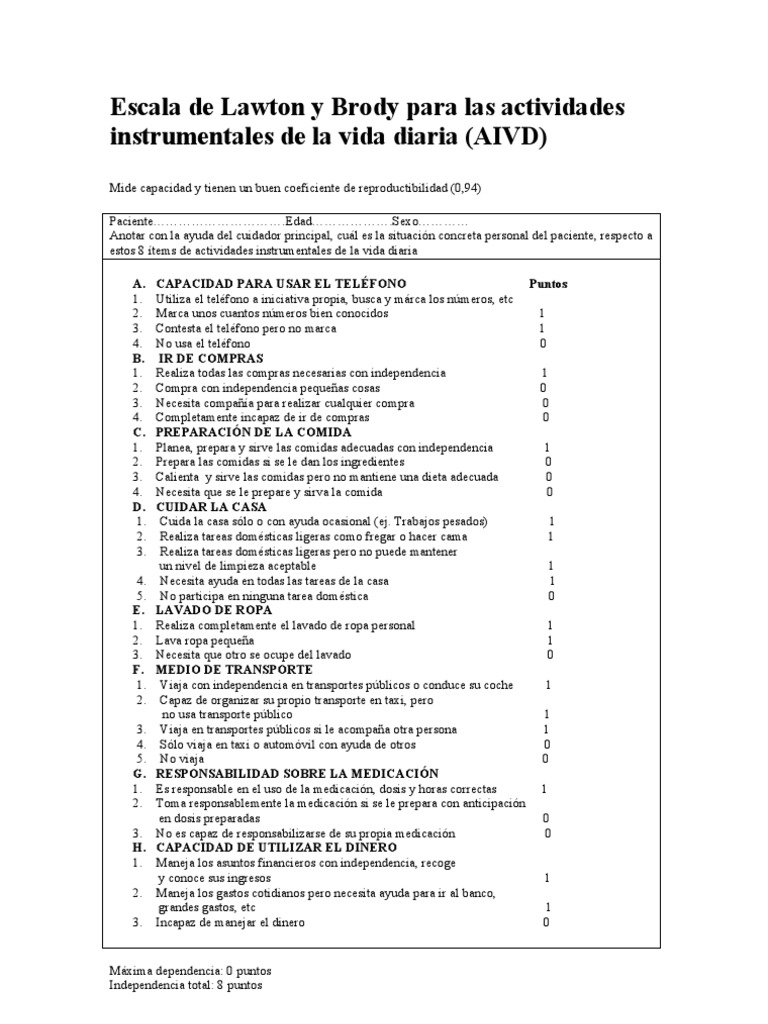 Escala Lawton de Actividades Instrumentales de La Vida Diaria | PDF