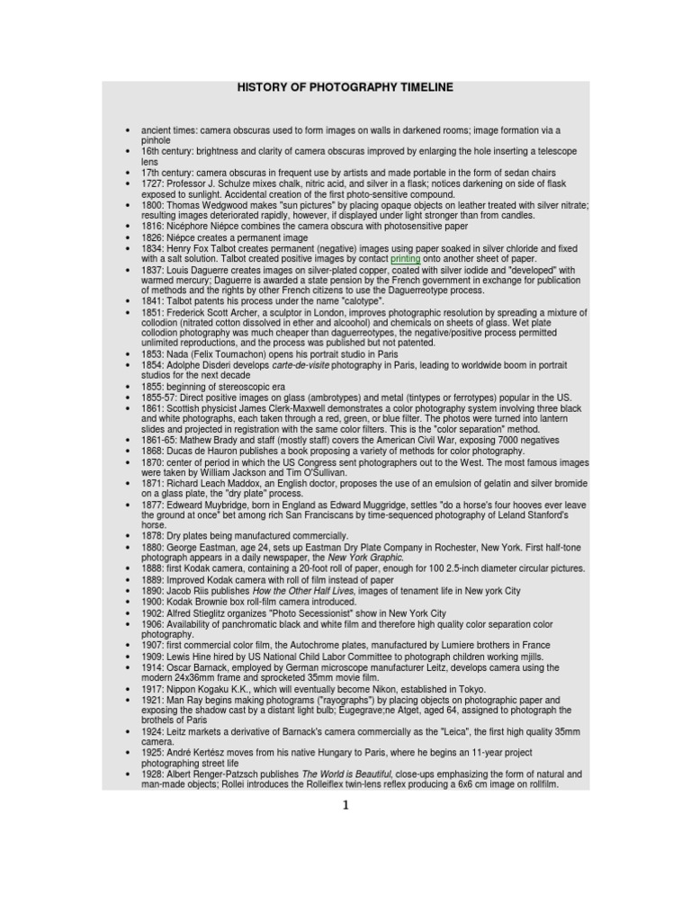 History of Photography Timeline PDF Single Lens Reflex Camera