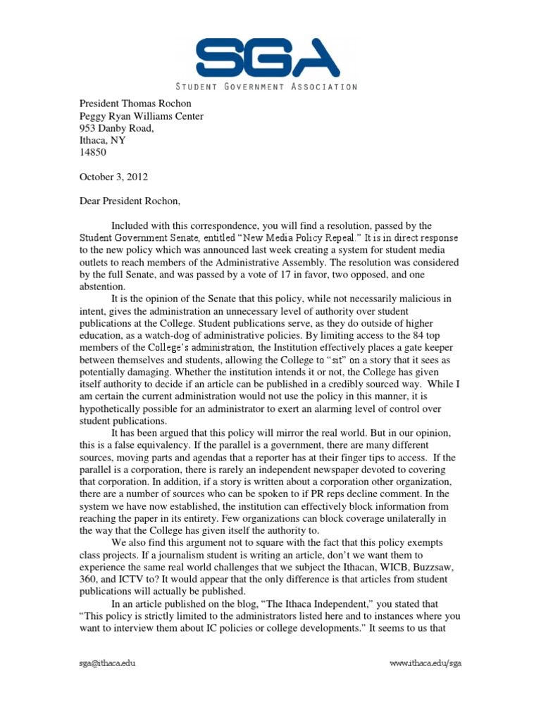 SGA Resolution 12130001 Cover Letter | PDF | Public Sphere | Government