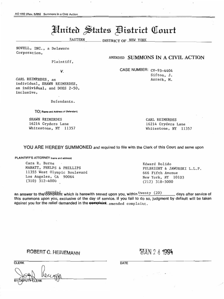Summons in A Civil Action, Amended (CV934404), Eastern District of