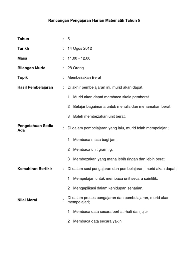Rancangan Pengajaran Harian Matematik Tahun 5 Pdf