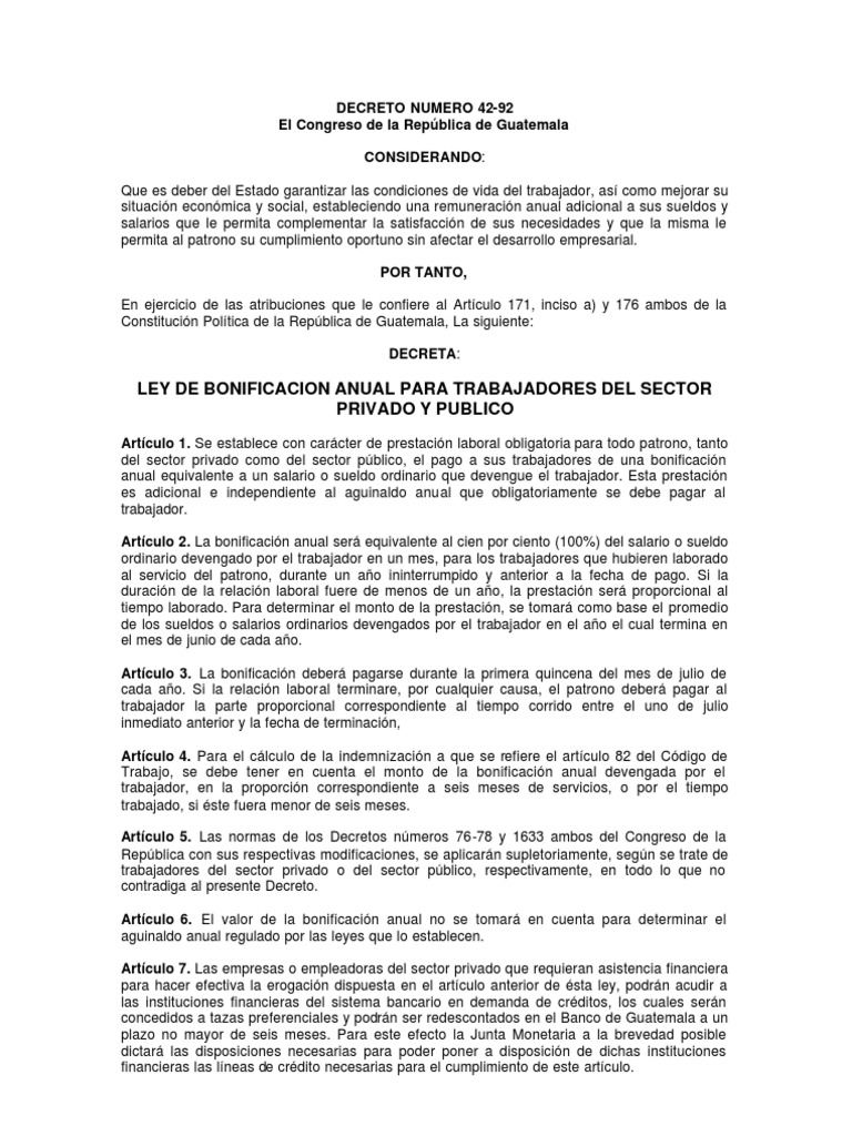Decreto 42-92: Bono 14 en Guatemala | PDF | Salario | Derecho laboral